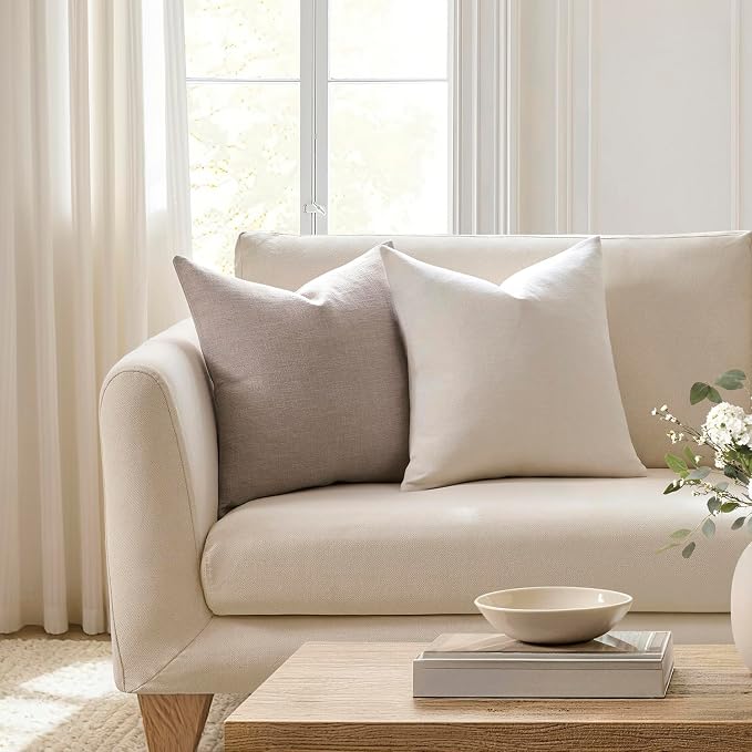 Meekio Set of 2 Light Taupe Throw Pillow Covers 16x16, Modern Farmhouse Linen Blend Decorative Pillow Covers for Couch Sofa Bed, Neutral Home Decor
