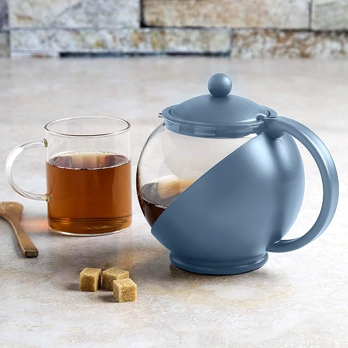 Primula Half Moon Teapot with Removable Infuser, Glass Tea Maker with Reusable Fine Mesh Stainless Steel Filter, Dishwasher Safe, 40-Ounce, Blue