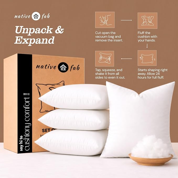 Native Fab Decorative Pillow Inserts, Pack of 2, 20x20 Inches, White Polyester, Fluffy Square Cushion Fillers for Sofa, Bed, Chair, Living Room, Premium Plush Home Décor & Back Support