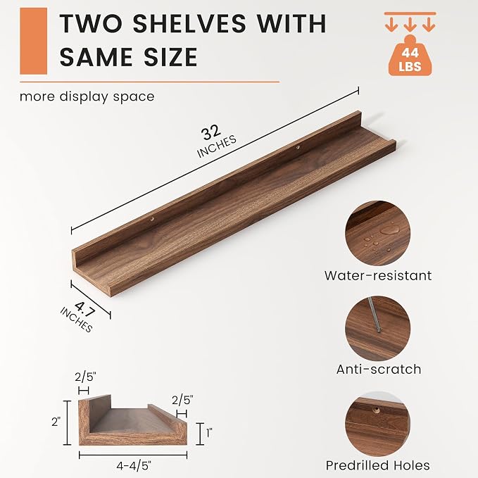 Picture Ledge Shelf, Floating Shelves for Wall, 32" W Set of 2, Walnut | FSC Certified Engineered Wood, Wall Mounted Bookshelf, for Nursery Living Room Bedroom, Pre-Drilled, Easy Install