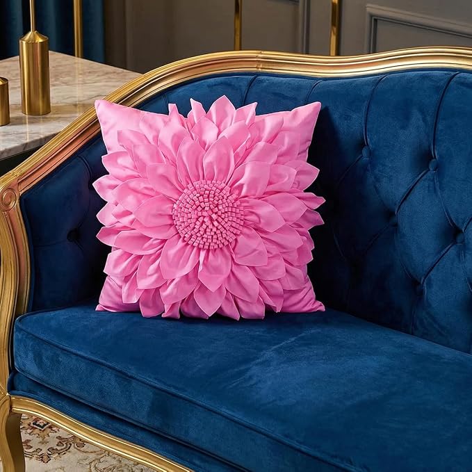 Hot Pink Accent 3D Flower Decorative Throw Pillow Covers for Bed Sofa Couch | Bella's Giftshop Handmade Sunflower Taffeta Pillow Cases Living Room Bedroom Decor, 18x18 Inch