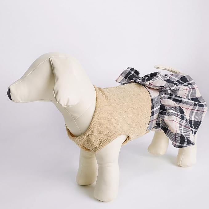 PUPTECK Cute Soft Plaid Dog Dress with Bow Puppy Skirt Clothes, Beige S | Breathable Lightweight Adorable Puppy Doggie Pet Clothes Outfits Apparel Costume for Small Medium Large Dogs Girl