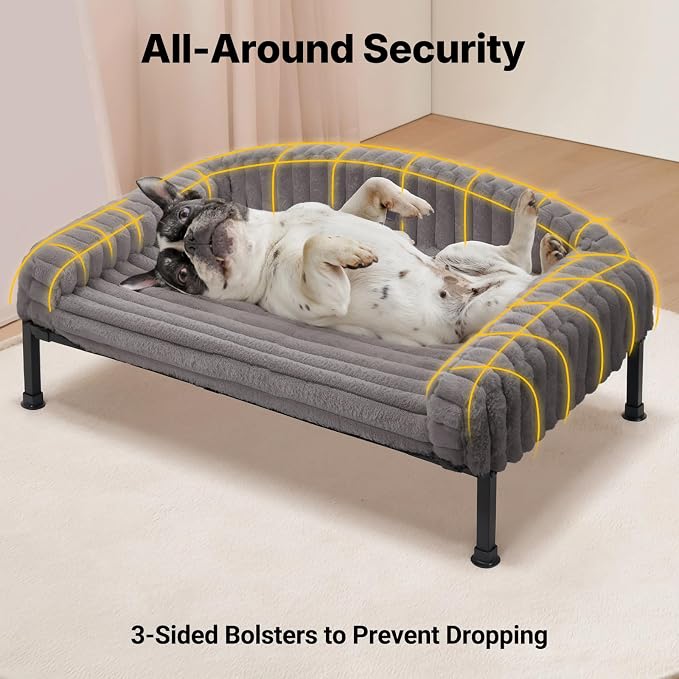 Veehoo Elevated Dog Bed with Bolster Cushion, Fluffy Plush Dog Couch Beds for Small Dogs, Cats, Washable Raised Pet Cot with Non-Slip Feet for Indoor or Patios Use, 24 x 18 Inches, Grey