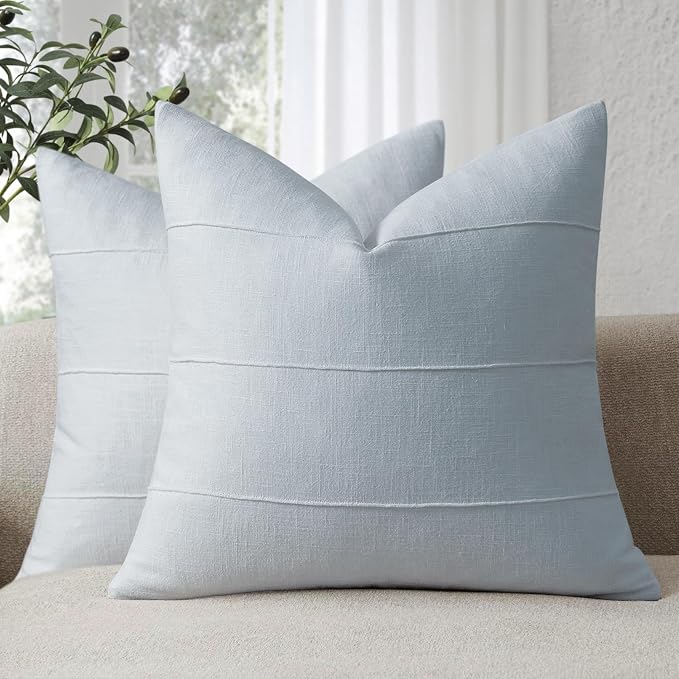 Decorative Linen Throw Pillow Covers 26x26 Set of 2 Solid Handcrafted Striped Cushion Covers for Bed Soft Modern Farmhouse Neutral Pillowcase for Couch Bedroom Living Room Home Decor(Sky Blue)