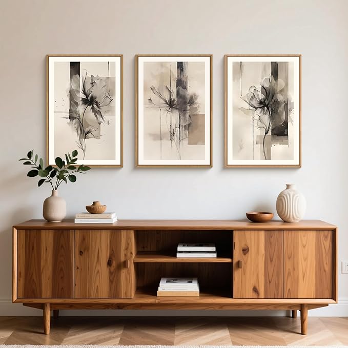 FWIEXA Large Black Beige Floral Canvas Wall Art Set 3, Neutral Abstract Florals Framed Prints, Brushstroke Geometry Line Paintings, 24x36In Watercolor Ink Artwork Poster for Farmhouse, Living Room, Bedroom, Office