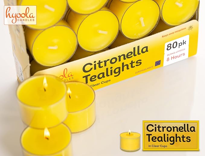Hyoola Tealight Citronella Candles Outdoor, 8 Hour Burn Time - Indoor and Outdoor Mosquito, Insect and Bug Repellent Citronella Candle, Natural Fresh Scent, Decorative in Clear Cup (Pack of 80)