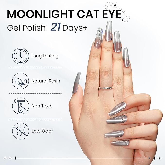 Silver Cat Eye Gel Nail Polish, Glitter Holographic Gel Polish with Magnet Moonlight Jelly Glass Magnetic Gel Polish Soak Off U V Gel Salon DIY at Home,15ml/ 0.5 OZ