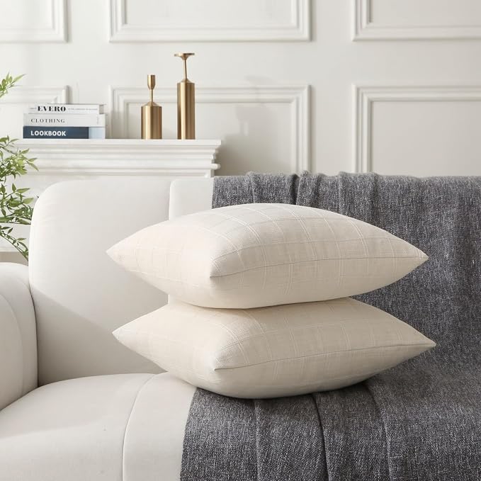 18" x 18" Decorative Throw Pillow with Inserts, Set of 2 Modern Neutral Farmhouse Vintage Throw Pillows, Square Boho Pillow for Couch, Bed, Sofa Decor (Beige, 18" x 18"(Pack of 2))