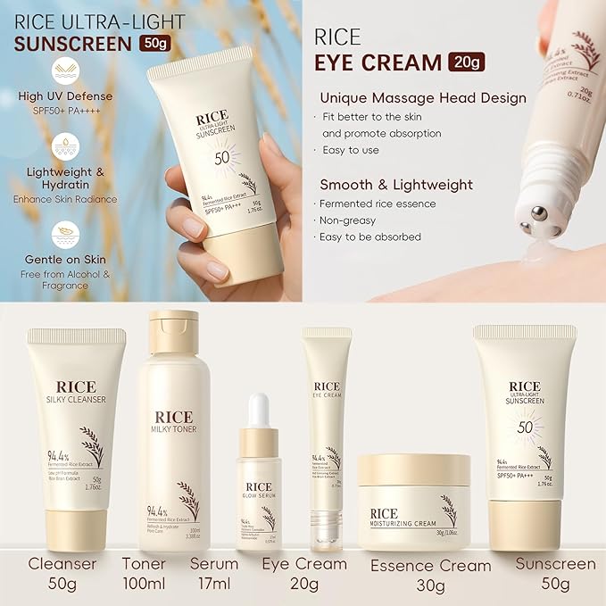 Rice Skincare Set for Teen Girl Gifts Birthday - Skin Care for Teens 10-12 - Hydrating Skin Care Routine Kit for Women - Gifts Birthday Facial Kit for Women - Skin Care Set with Cleanser,Serum