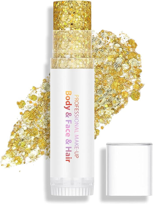 Gold Body Hair Face Glitter Stick, Holographic Sequins Face Sparkle Glitter Gel Neon Outfit for Women Face Paint Rave Festival Mermaid Chunky Makeup