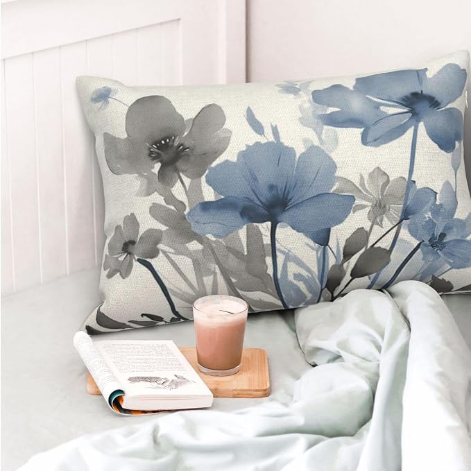 Spring Floral Pillow Covers 12x20 Inches Set of 2 Gray Blue Floral Throw Pillow Covers Outdoor Rustic Summer Flower Decoration Pillowcase Farmhouse Decorative Lumbar Cushion Cover For Home Sofa