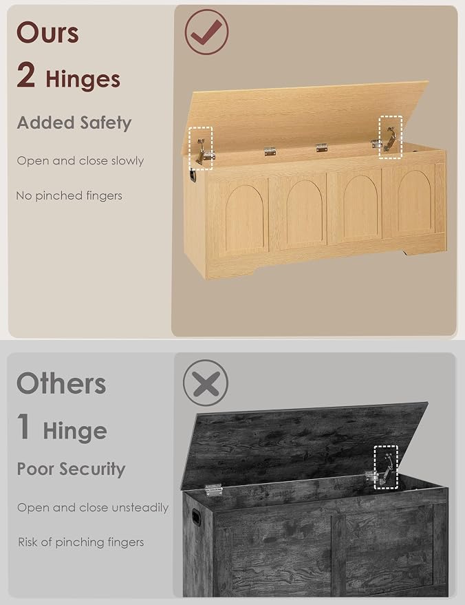 Storage Chest, Wooden Toy Box with Lid, Natural 47.2" L | Entryway Shoe Bench, 2 Soft-close Hinges, Finger-safe Flip-Top Lid, Easy Assembly, Farmhouse Large Trunk, Living Room/Bedroom