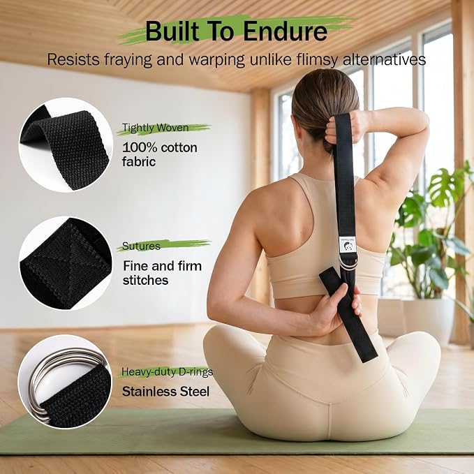 Slim Panda Yoga Strap for Stretching,Cotton Yoga Strap with Adjustable D-Ring Buckle,Non-Elastic Yoga Belt for Pilates,Gym Workouts,Physical Therapy,Improve Flexibility