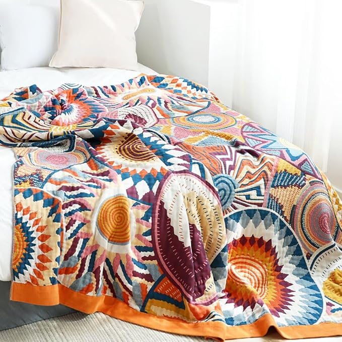 Boho Throw Blanket for Bed 100% Cotton Bohemian Blankets Ultra Soft Woven Muslin Decorative Blankets All Seasons Vintage Quilt Knitted Blanket for Sofa Chair (Colorful, 50"x60")