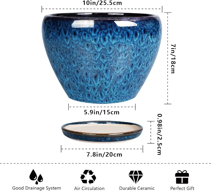 Ceramicfor 10 Inch Ceramic Planter Pot, Ceramic Plant Pot for Indoor Outdoor Plants, Large Flower Pot with Drainage Hole and Saucer, Blue