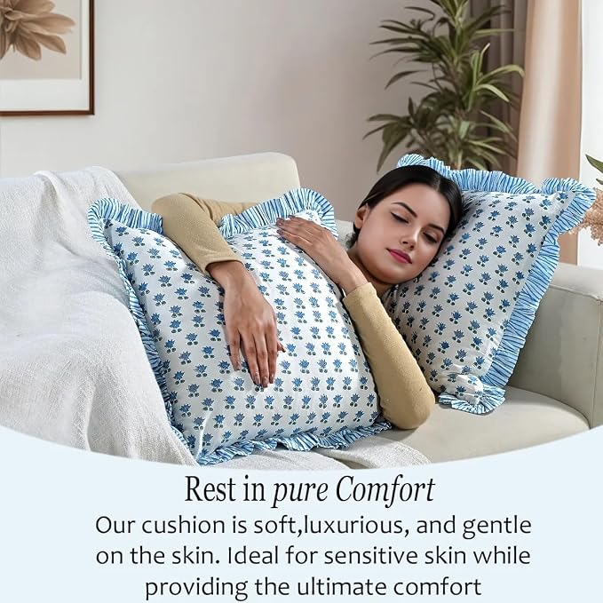 CPC Arctic Blue Hand Block Print 100% Cotton Ruffle Throw Pillow Cover 18x18 inch with Hidden Zipper Decorative for Couch, Bed, Sofa, Farmhouse, Cottagecore Decor Gift Christmas Fall Thanksgiving