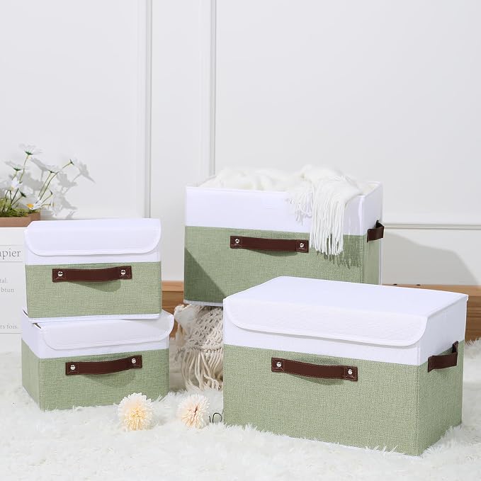 ANMINY Fabric Storage Box Bins with Lids, Green White, 10"x8"x7", 2 Pack | Keepsake Memory Storage, Cotton Linen, PP Board Reinforced, Washable, PU Handles, Foldable & Stackable, Decorative, Small