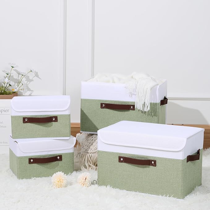 ANMINY Fabric Storage Box Bins with Lids, Green White, 13"x9"x7.9" | Keepsake Memory Storage, Cotton Linen, PP Board Reinforced, Washable, PU Handles, Foldable & Stackable, Decorative, Medium