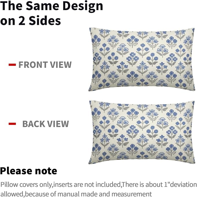 Blue Grey Gray Floral Pillow Covers 12x20 Inch Set of 2, Block Print Lumbar Flower Cream Decorative Throw Pillowcases Outdoor Farmhouse Rectangle Cushion Covers Spring Summer Sofa Couch Bed Decor