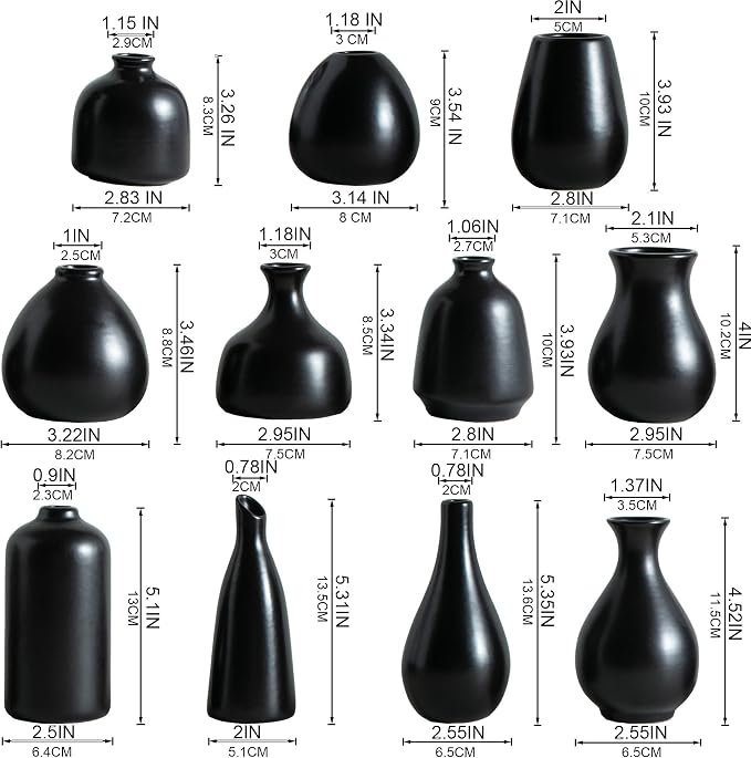 Tanvecle Small Black Vases, Ceramic Bud Vase Set 11, Modern Home Decor | Mini pottery vases for pampas grass, flowers, minimalist home decor, wedding centerpiece for dining table living room shelf