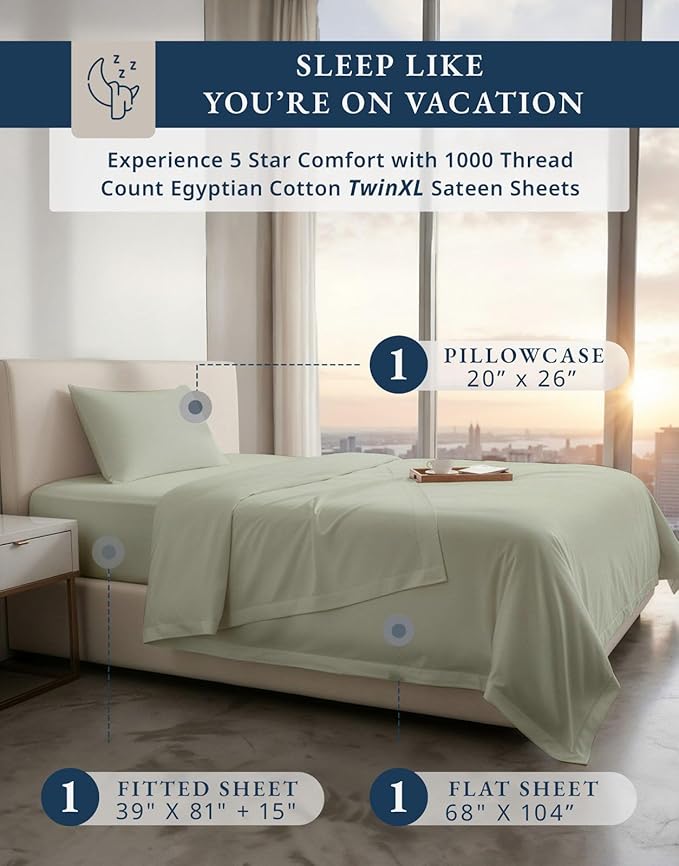 LANE LINEN 100% Egyptian Cotton Bed Sheets sábanas Twin Extra Long - 1000 Thread Count, Soft & Comfy Luxury Hotel Like Thick Bedding Sheets & Pillowcase Set, Machine Wash Naturally Cooling-Mineral