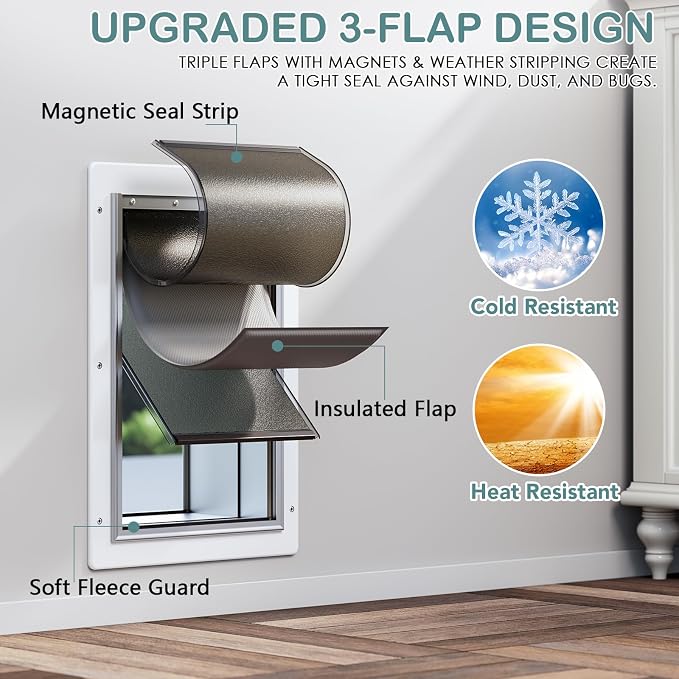 Pet Door for Wall, 3-Flap Insulated Dog Door, Durable Plastic Frame with Telescoping Tunnel, Heavy-Duty Wall Mount Dog Door for Dogs & Cats Up to 100 Lb (Large Size)