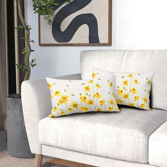 Spring Summer Throw Pillow Covers 12X20 in Set of 2 Yellow Flowers Coreopsis Bee Decorative Lumbar Pillow Cases Bees Floral Rectangle Pillow Cover Farmhouse Decor for Outdoor Room Couch Patio Porch