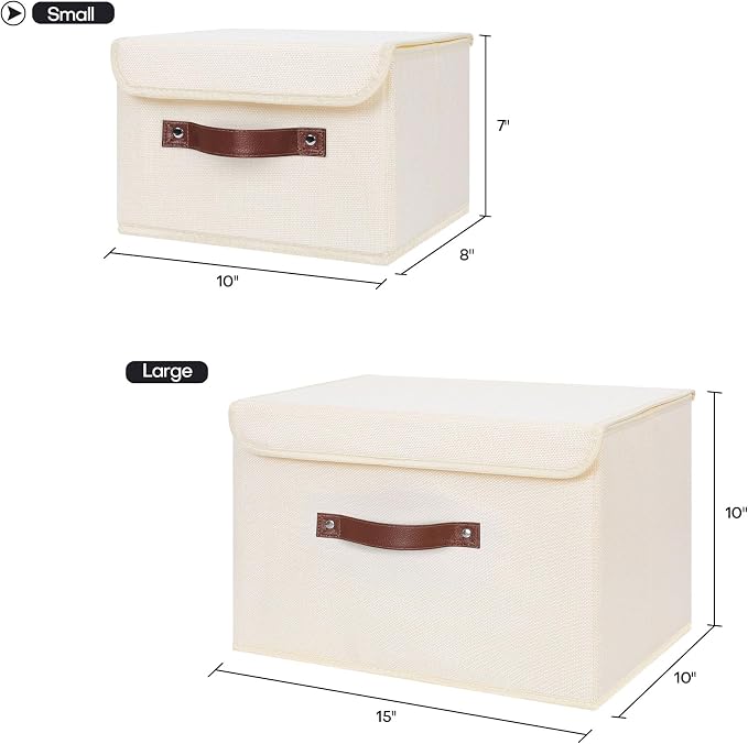 ANMINY Fabric Storage Box Bins with Lids, Beige, 10"x8"x7" | Keepsake Memory Storage, Cotton Linen, PP Board Reinforced, Washable, PU Handles, Foldable & Stackable, Decorative, Small