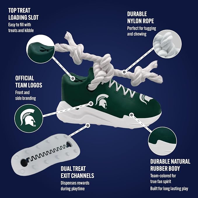 NCAA Michigan State Spartans Cleat Sneaker Spike Dog Toy, Treat Dispenser Chew Toy for Dogs, Interactive Rope Tug, Slow Feeder Natural Rubber Dog Toy with Official Team Logo for Puppies & Adult Dogs