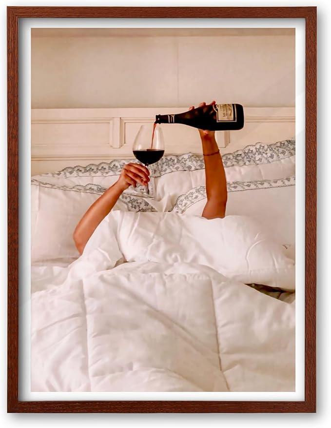 EcoHest 12x16 in Woman Drinking Wine in Bed Framed Wall Art for Bedroom | Walnut Color Solid Oak Frame, Canvas Wall Art, Feminist Wine Wall Decor for Bedroom, Bathroom, Dorm Room, College Room, 1Pack
