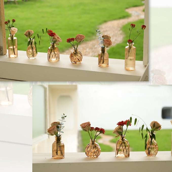 Bud Vases Set of 12, Amber Glass Bud Vase in Bulk for Decor | Small Glass Vases Modern Ribbed Amber Vase Flower Vase for Vintage Boho Wedding Centerpieces Rustic Home Table Decoration