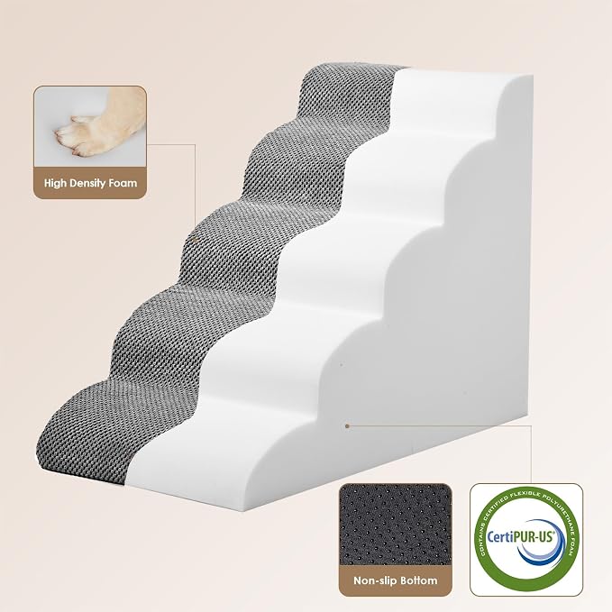 EHEYCIGA Curved Dog Stairs Ramp, 5-Step High Beds, 22.6" H Pet Step | 33D density of pure foam, for Small Dogs and Cats, Pet Stairs for High Bed Climbing, Non-Slip Balanced Pet Step Indoor, Grey