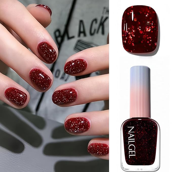 Red Glitter Nail Polish, 12ML Sparkly Burgundy Wine Red with Fine Glitter, Quick Dry Air Dry, Shiny Finish for Women Girls, No UV Needed