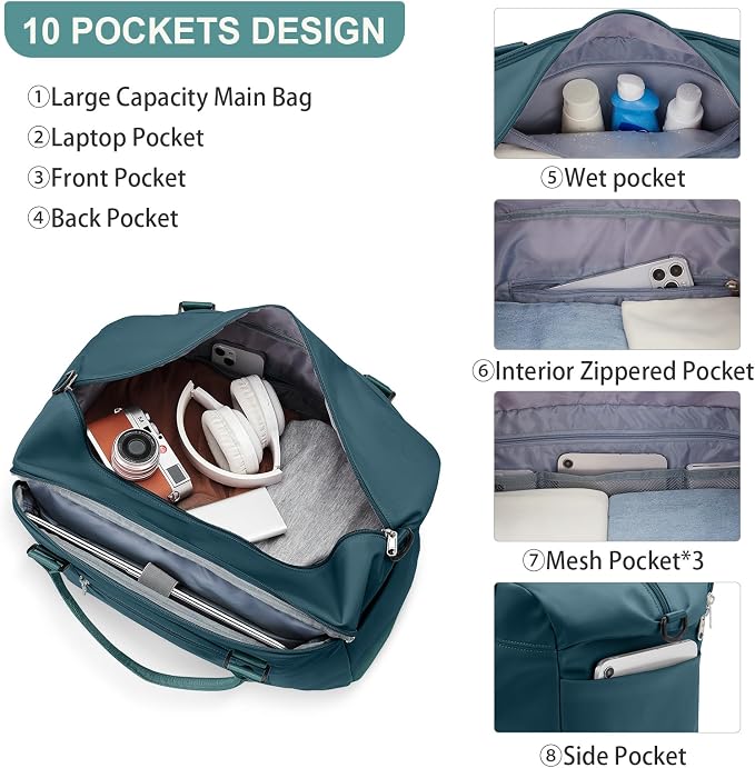 Travel Duffel Bag, Carry On Overnight Weekender Bags for Women | Travel Bag with Wet Pocket & Trolley Sleeve, For Spirit Airlines 18x14x8 Personal Item Bag
