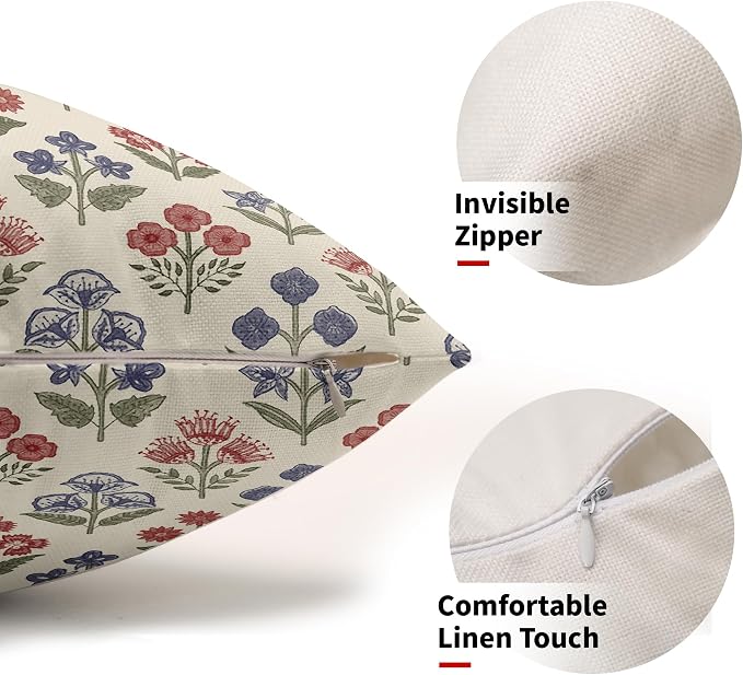 4th of July Patriotic Floral Pillow Covers 12x20 Inch Set of 2, Navy Blue Red Green Flower Block Print Decorative Throw Pillowcases Outdoor Memorial Day Holiday Cushion Covers Sofa Couch Bed Decor