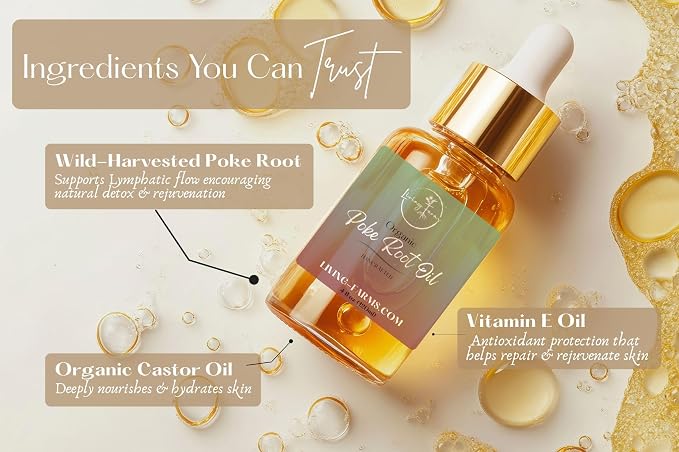 Organic Poke Root Castor Oil | Vegan Lymphatic Support | Cysts, Boils, Fibroids, Swollen Lymph Nodes, Breast & Joint | Natural Deep Tissue Massage | Made in The USA (4oz, Unscented)