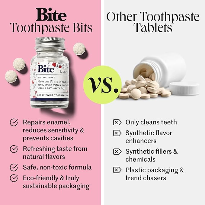 Bite Whitening Toothpaste Tablets – 2 Months – Fluoride Free, Nano Hydroxyapatite + Xylitol, Berry Twist – Vegan, Cruelty-Free, Made in USA, Sensitive Teeth, Travel Size, (2 Bottles, 124 Tabs)