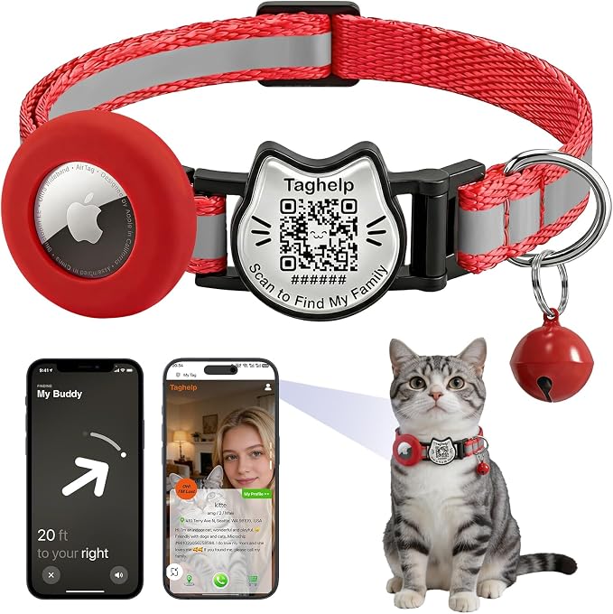 Cat Collar with AirTag Holder, QR Code Tag and Bell (Red, Reflective Strip)