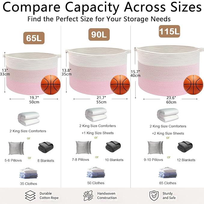 115L Extra Large Blanket Basket,Woven Laundry Basket-Mixed Pink | Collapsible, reinforced handles, nursery storage bin organizes clothes, toys and pillows for living room, bedroom bathroom