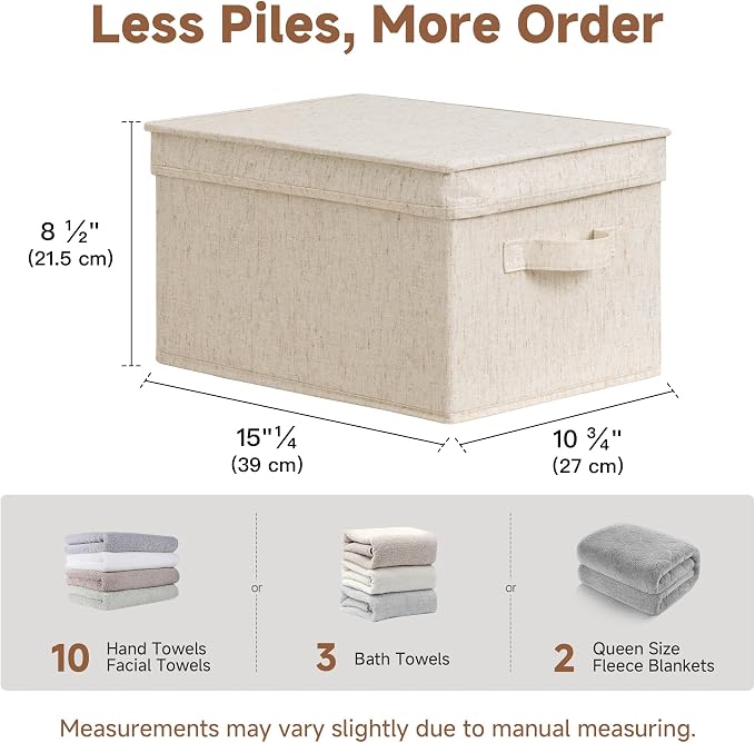 StorageWorks Fabric Storage Bins, Storage Basket with Lid, Closet Bins | Lidded Dust-proof, Easy Pull Handles, Foldable, Stackable, Ideal for Clothes Blanket Towel, Large, Rustic Linen, 3-Pack