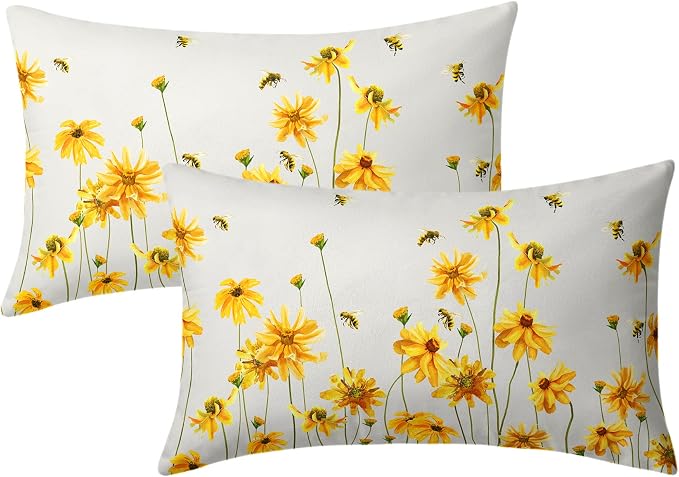 Spring Summer Throw Pillow Covers 12X20 in Set of 2 Yellow Flowers Coreopsis Bee Decorative Lumbar Pillow Cases Bees Floral Rectangle Pillow Cover Farmhouse Decor for Outdoor Room Couch Patio Porch