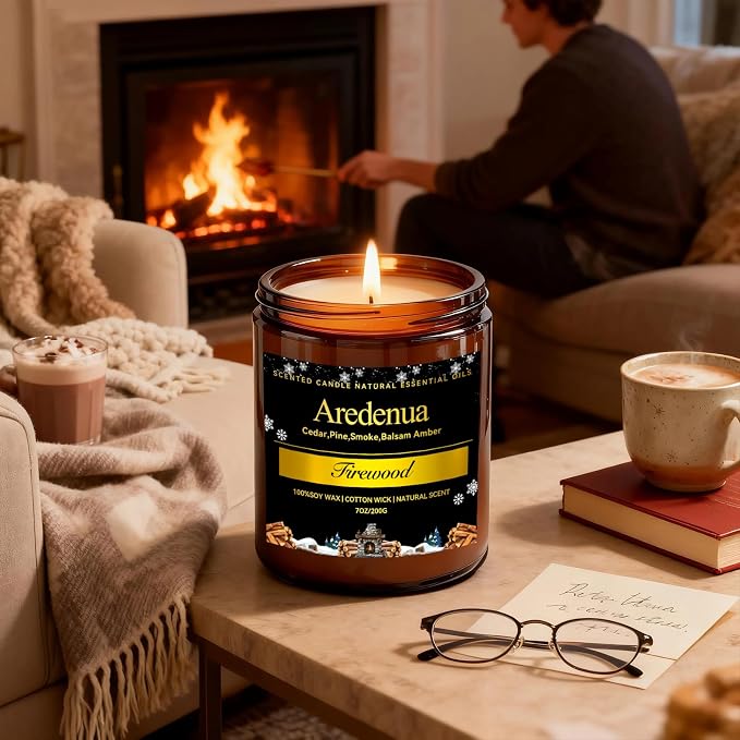 Firewood Scented Candle | Smoky Wood Scent 7oz Soy Candles for Home Cozy Scented, Holiday Aromatherapy Candles | Candle Gifts for Women Men - 50H Clean & Long Lasting Burn