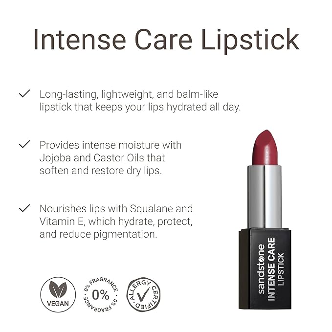Sandstone Scandinavia Intense Care Lipstick - a hypoallergenic, gluten free, caring formula, with active and moisturizing ingredients. (47 Plum Kiss, 3,5 g)