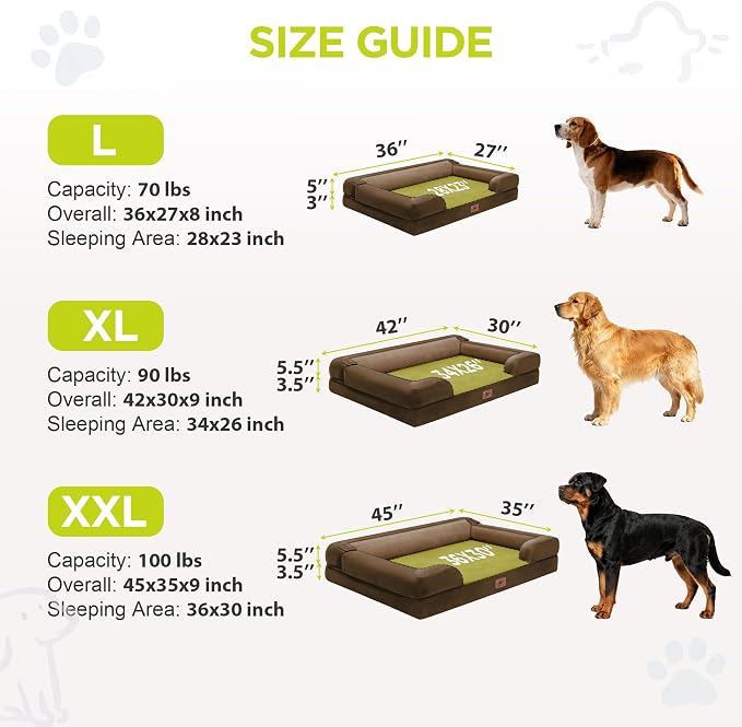 Waterproof Orthopedic Dog Bed for Extra Large Sized Dogs | Memory Foam Pet Bed Sofa with Bolster, Dog Couch with Washable Cover & Non-Slip Bottom, 45x35 Inch, Dark Brown