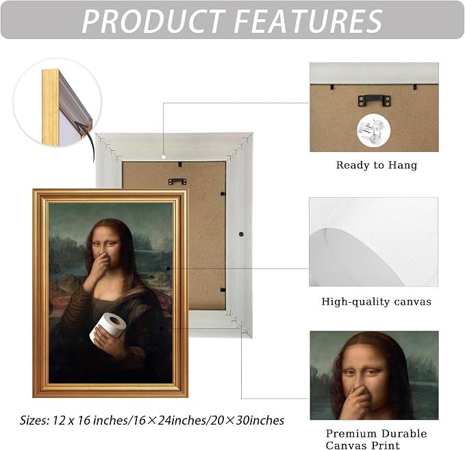 ICHZUMW Gold Framed Funny Mona Lisa Toilet Paper Canvas Wall Art, 8x10 In | Quirky Humorous Parody Painting Bathroom Wall Decor, Restroom Powder Room Guest Toilet, Fade Resistant, Ready to Hang