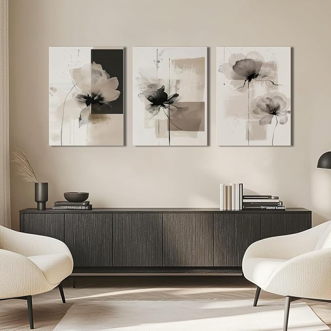 Neutral Abstract Floral Canvas Wall Art Modern Large Minimalist Wall Decor Contemporary Beige Black Flower Posters Prints Picture for Living Room Bedroom Bathroom Office 16x24 In Framed