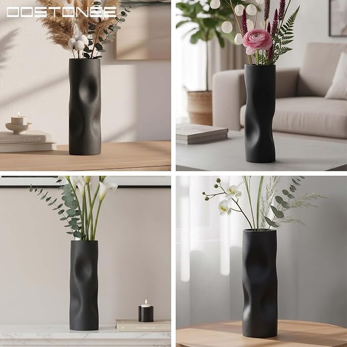 11 Inch Black Matte Ceramic Vase – Tall Flower Vase, Modern Geometric Decorative Accent for Living Room, Shelf, or Coffee Table
