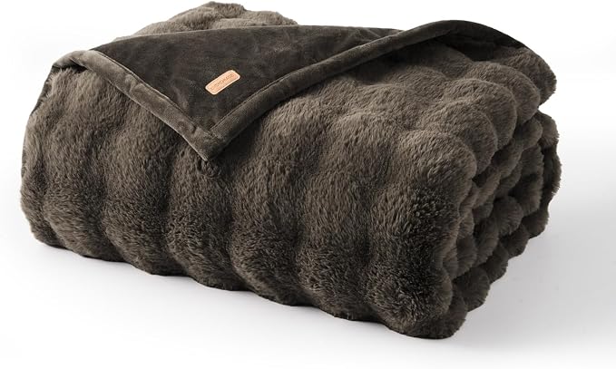 Faux Rabbit Fur Bubble Throw Blanket, 90"x90", Dark Taupe | Ultra Soft, Luxury Faux Rabbit Fur Throw, Thick Warm Bubble Blanket, Cozy Fluffy Reversible, for Bed, Couch, Chair, Sofa
