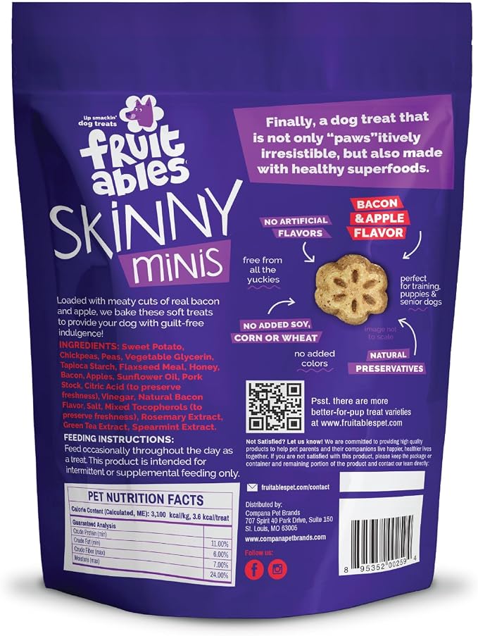 Fruitables Skinny Mini Dog Treats, Healthy Sweet Potato Treat for Dogs, Low Calorie & Delicious, Puppy Training, No Wheat, Corn or Soy, Made in the USA, Bacon and Apple Flavor, 12oz (Pack of 2)