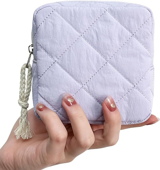 Small Makeup Bag | Discreet Period Bag Pad Pouch for Purse| Sanitary Napkin Storage & Tampon Holder for Travel (Quilted light purple)